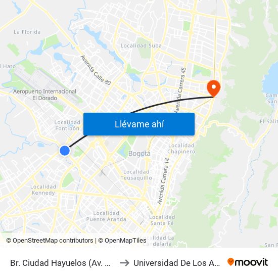 Br. Ciudad Hayuelos (Av. Centenario - Av. C. De Cali) to Universidad De Los Andes -Práctica Médica map