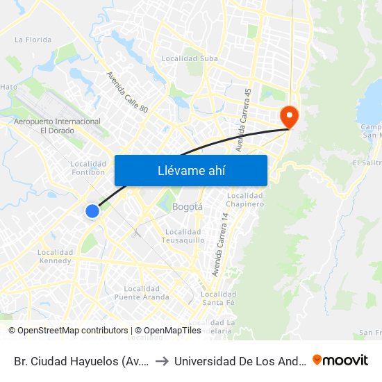 Br. Ciudad Hayuelos (Av. Centenario - Kr 78g) to Universidad De Los Andes -Práctica Médica map