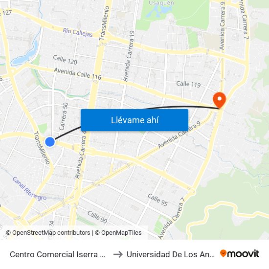 Centro Comercial Iserra 100 (Ac 100 - Kr 54) (B) to Universidad De Los Andes -Práctica Médica map