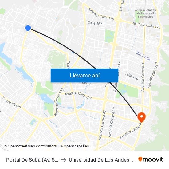 Portal De Suba (Av. Suba - Kr 106) to Universidad De Los Andes -Práctica Médica map