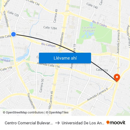 Centro Comercial Bulevar Niza (Ac 127 - Av. Suba) to Universidad De Los Andes -Práctica Médica map