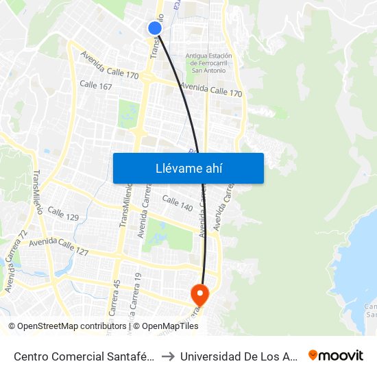 Centro Comercial Santafé (Auto Norte - Cl 187) (B) to Universidad De Los Andes -Práctica Médica map