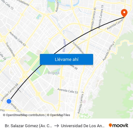 Br. Salazar Gómez (Av. Centenario - Kr 65) (A) to Universidad De Los Andes -Práctica Médica map