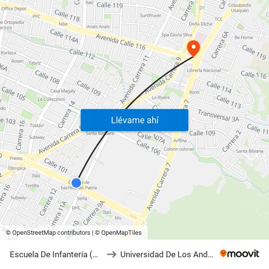 Escuela De Infantería (Ac 100 - Kr 11a) (B) to Universidad De Los Andes -Práctica Médica map
