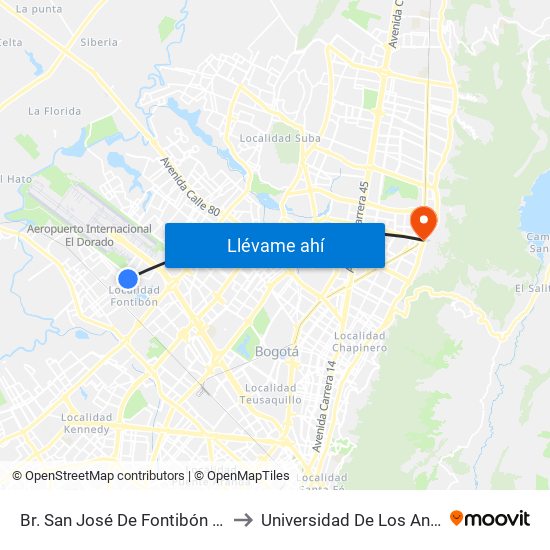 Br. San José De Fontibón (Kr 100 - Av. Esperanza) to Universidad De Los Andes -Práctica Médica map