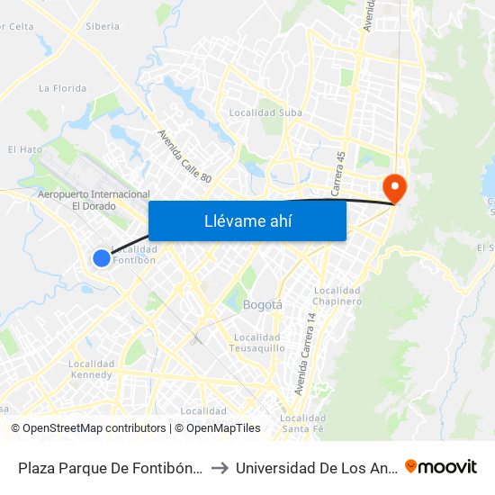 Plaza Parque De Fontibón Kr 100 (Kr 100 - Cl 17a) to Universidad De Los Andes -Práctica Médica map