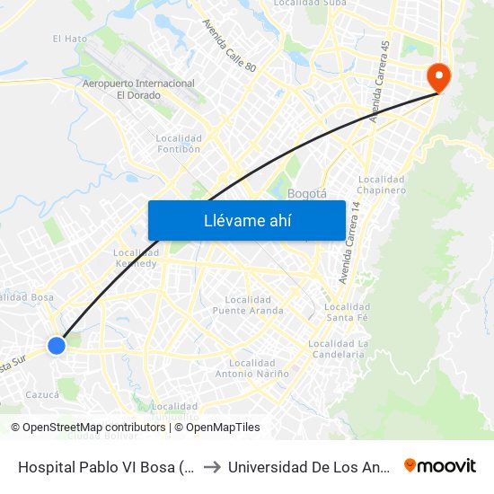 Hospital Pablo VI Bosa (Cl 63 Sur - Kr 77g) (A) to Universidad De Los Andes -Práctica Médica map