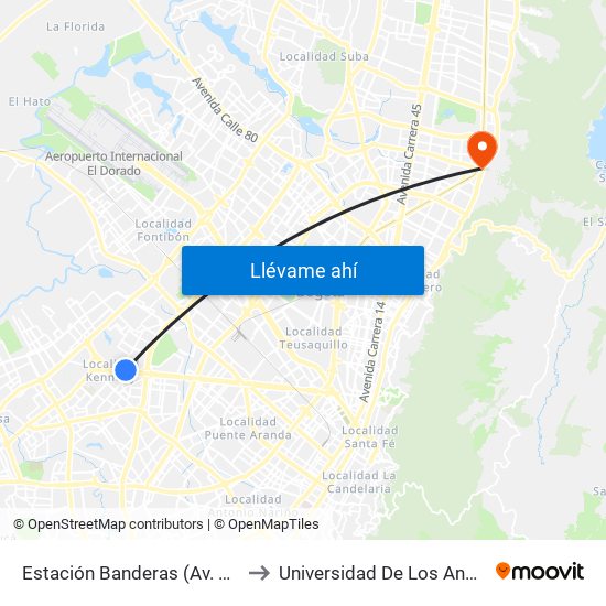 Estación Banderas (Av. Américas - Kr 78a) (A) to Universidad De Los Andes -Práctica Médica map