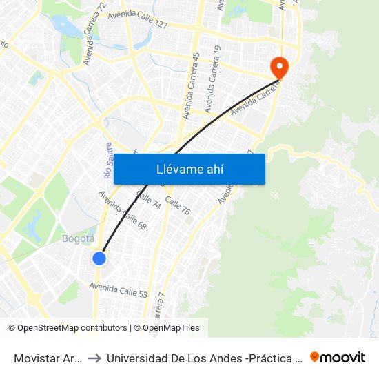 Movistar Arena to Universidad De Los Andes -Práctica Médica map