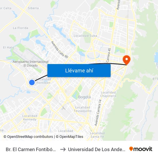 Br. El Carmen Fontibón (Cl 17 - Kr 100) to Universidad De Los Andes -Práctica Médica map