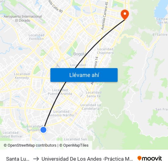 Santa Lucía to Universidad De Los Andes -Práctica Médica map