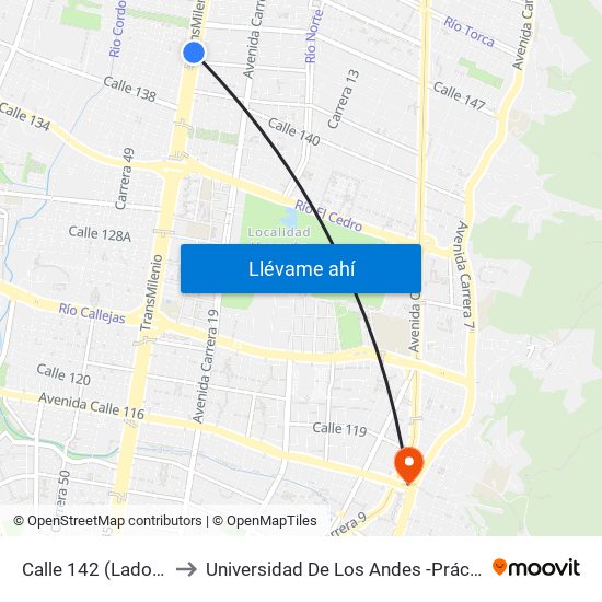 Calle 142 (Lado Norte) to Universidad De Los Andes -Práctica Médica map