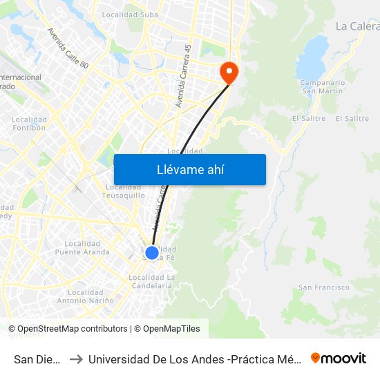 San Diego to Universidad De Los Andes -Práctica Médica map