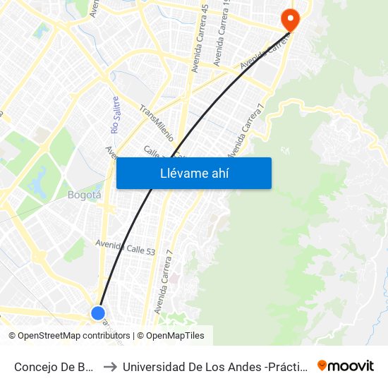Concejo De Bogotá to Universidad De Los Andes -Práctica Médica map