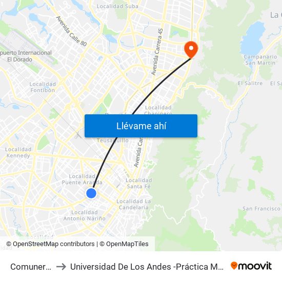 Comuneros to Universidad De Los Andes -Práctica Médica map