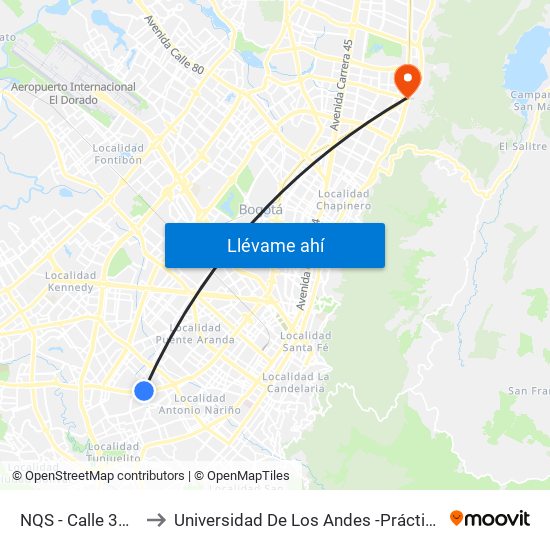 NQS - Calle 38a Sur to Universidad De Los Andes -Práctica Médica map