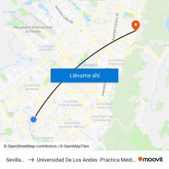 Sevillana to Universidad De Los Andes -Práctica Médica map