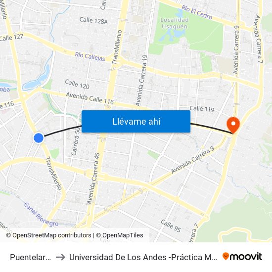 Puentelargo to Universidad De Los Andes -Práctica Médica map