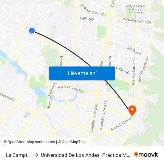 La Campiña to Universidad De Los Andes -Práctica Médica map