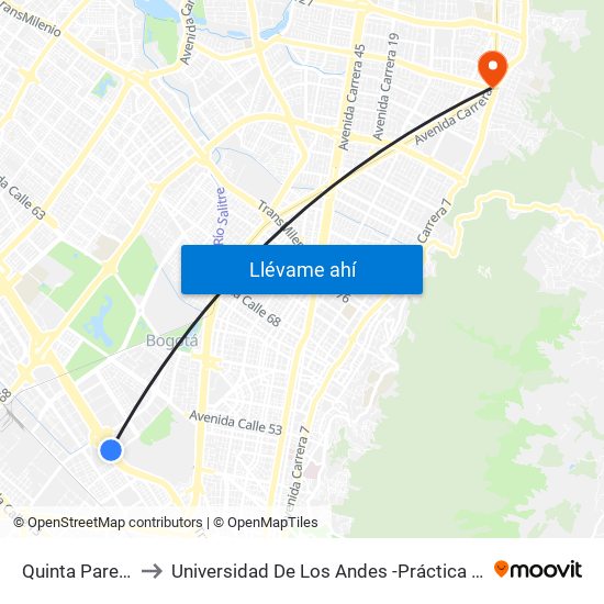 Quinta Paredes to Universidad De Los Andes -Práctica Médica map