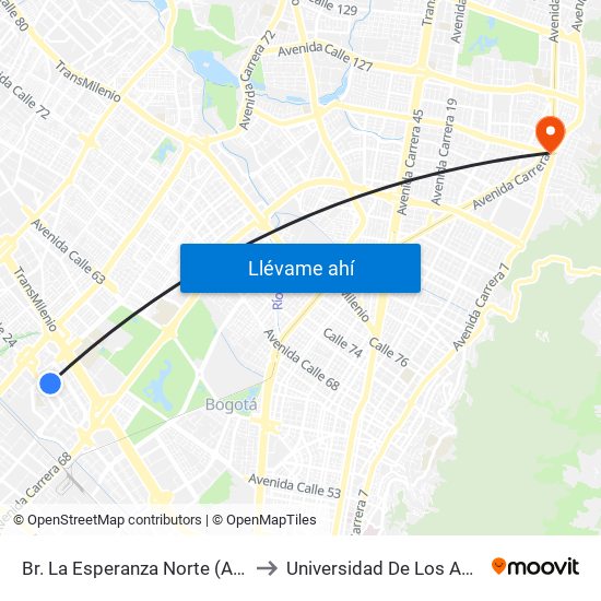 Br. La Esperanza Norte (Av. La Esperanza - Kr 69d) to Universidad De Los Andes -Práctica Médica map