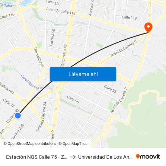 Estación NQS Calle 75 - Zona M (Av. NQS - Cl 75) to Universidad De Los Andes -Práctica Médica map