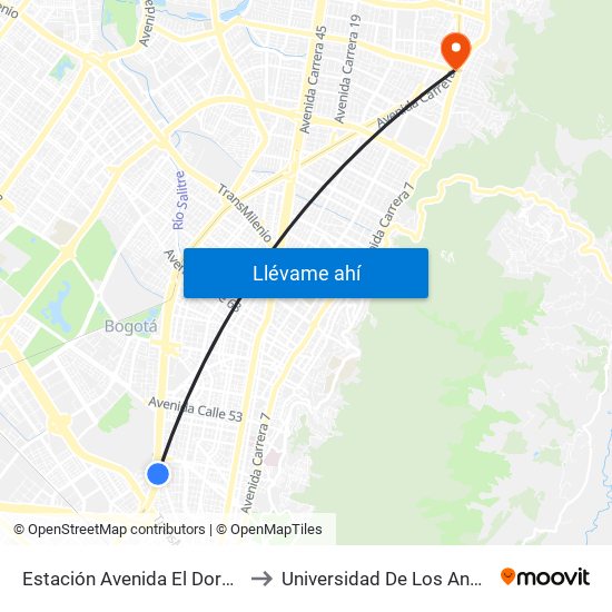 Estación Avenida El Dorado (Av. NQS - Cl 40a) to Universidad De Los Andes -Práctica Médica map