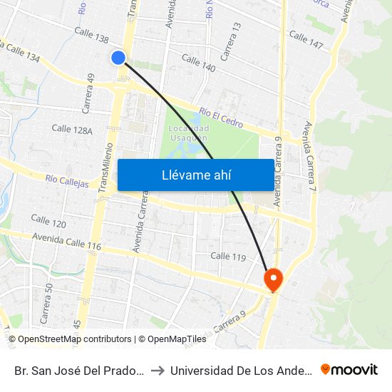 Br. San José Del Prado (Kr 45a - Cl 137) to Universidad De Los Andes -Práctica Médica map