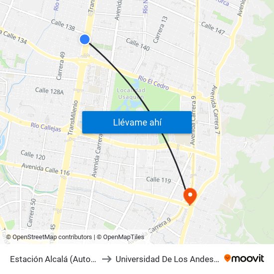 Estación Alcalá (Auto Norte - Cl 136) to Universidad De Los Andes -Práctica Médica map