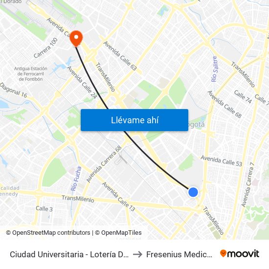 Ciudad Universitaria - Lotería De Bogotá to Fresenius Medical Care map
