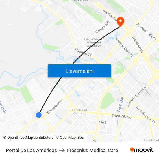 Portal De Las Américas to Fresenius Medical Care map