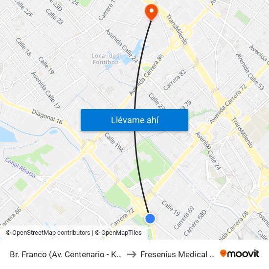 Br. Franco (Av. Centenario - Kr 69b) to Fresenius Medical Care map