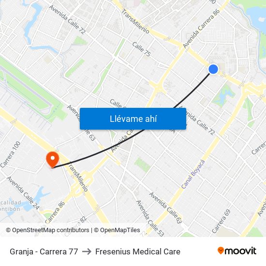 Granja - Carrera 77 to Fresenius Medical Care map