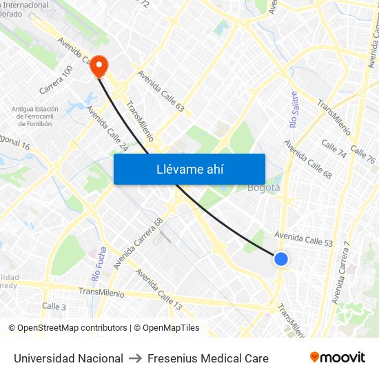 Universidad Nacional to Fresenius Medical Care map