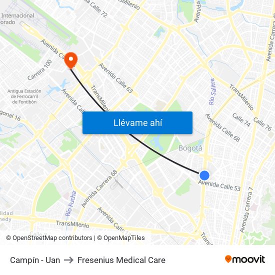 Campín - Uan to Fresenius Medical Care map