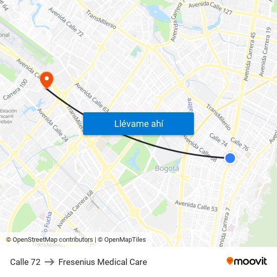Calle 72 to Fresenius Medical Care map