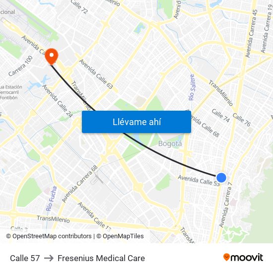 Calle 57 to Fresenius Medical Care map