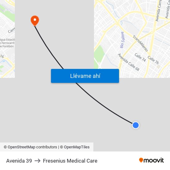 Avenida 39 to Fresenius Medical Care map