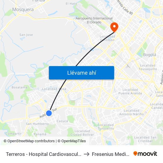 Terreros - Hospital Cardiovascular (Lado Sur) to Fresenius Medical Care map