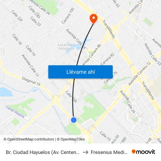 Br. Ciudad Hayuelos (Av. Centenario - Kr 78g) to Fresenius Medical Care map