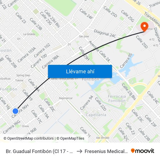 Br. Guadual Fontibón (Cl 17 - Kr 96h) to Fresenius Medical Care map