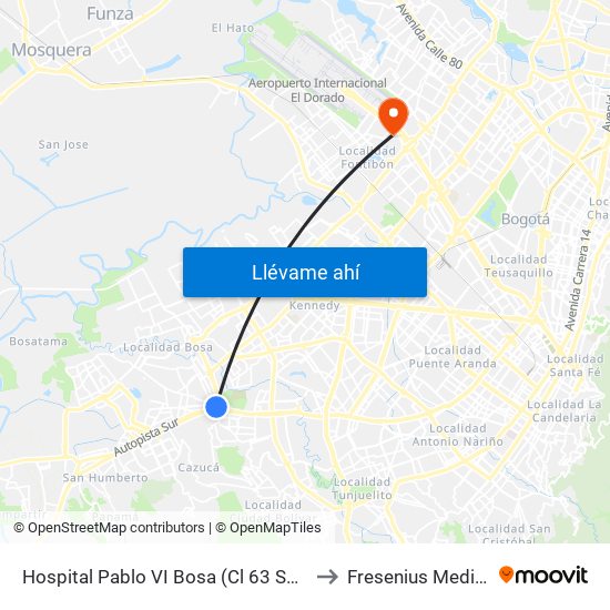 Hospital Pablo VI Bosa (Cl 63 Sur - Kr 77g) (A) to Fresenius Medical Care map