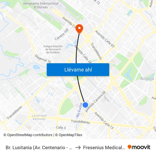 Br. Lusitania (Av. Centenario - Kr 68b) to Fresenius Medical Care map