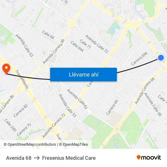 Avenida 68 to Fresenius Medical Care map