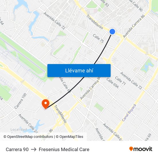 Carrera 90 to Fresenius Medical Care map