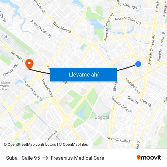Suba - Calle 95 to Fresenius Medical Care map