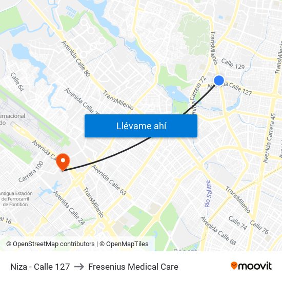 Niza - Calle 127 to Fresenius Medical Care map