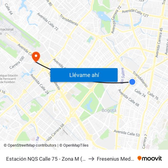 Estación NQS Calle 75 - Zona M (Av. NQS - Cl 75) to Fresenius Medical Care map
