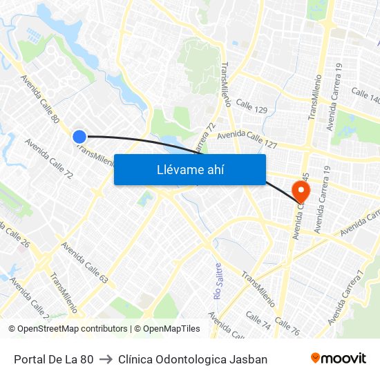 Portal De La 80 to Clínica Odontologica Jasban map