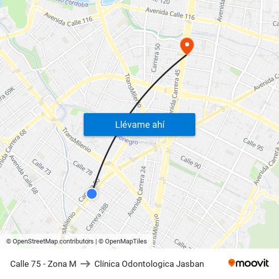Calle 75 - Zona M to Clínica Odontologica Jasban map